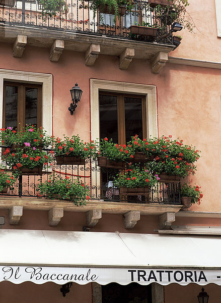 Blumen in Balkonkästen auf Balkonen  Taormina  Sizilien  Italien  Europa