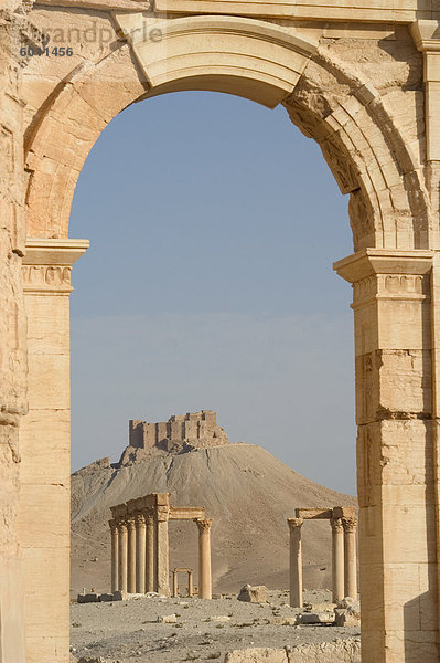Qala'at Burgruine ibn Maan Zitadelle gesehen durch Triumphbogen  Archaelogical  Palmyra  UNESCO-Weltkulturerbe  Syrien  Naher Osten