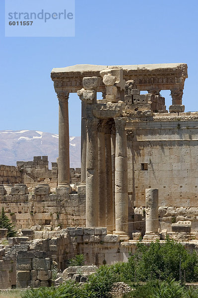 Schnee bedeckten Berge der Antilibanon Range hinter der römischen Ausgrabungsstätte  Baalbek  UNESCO Weltkulturerbe  das Bekaa Valley  Libanon  Naher Osten