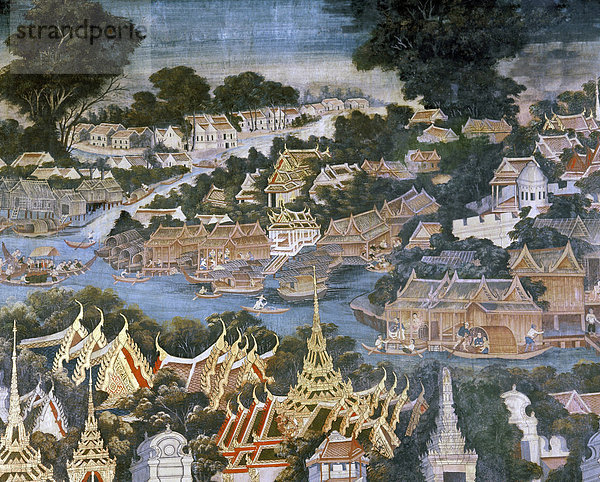 Detail der Wandmalereien aus dem 1864 Ergebnis Bangkok mit dem Fluss Chaophraya und dem Grand Palace Dächer im Vordergrund  Wat Rajapradit  Bangkok  Thailand  Südostasien  Asien
