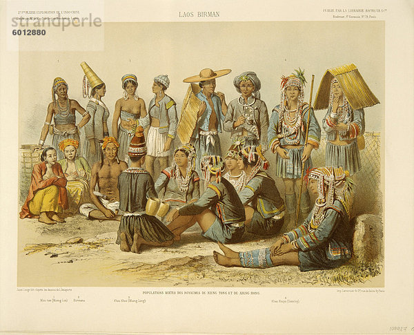 Bergvölker von Laos  meist Akha und Hmong  dargestellt in Exploration de L'Indo-Chine von Delaporte  Indochina  Laos  Südostasien  Asien