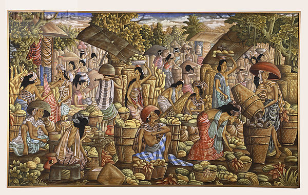Balinesische Gemälde zeigen eine Marktszene  Schule von Ubud  Bali  Indonesien  Südostasien  Asien