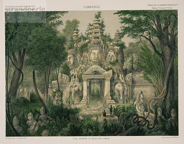 Gravüre mit dem Tor von Angkor Thom aus Exploration de L'Indo-Chine von Delaporte  Kambodscha  Indochina  Südostasien  Asien