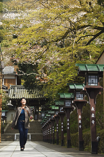 Ein Mädchen betrachtet Kirschblüte bei Chionin-Tempel  Kyoto  der Insel Honshu  Japan  Asien