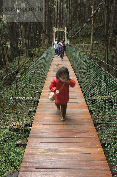 Mädchen auf Seilbrücke in Zeder-Wald  Alishan Forest National Recreation Area Chiayi County  Taiwan  Asien