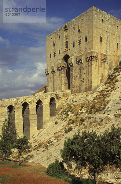 Wassergraben  Turm und Haupteingang Tor  The Citadel  Aleppo  UNESCO Weltkulturerbe  Syrien  Naher Osten