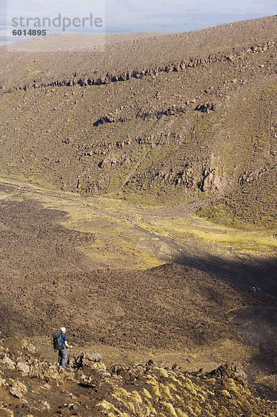 Wanderer zu Fuß durch ein Lavafeld auf den Tongariro Crossing  Tongariro-Nationalpark  der älteste Nationalpark in das Land  UNESCO-Weltkulturerbe  Taupo Volcanic Zone  Nordinsel  Neuseeland  Pazifik