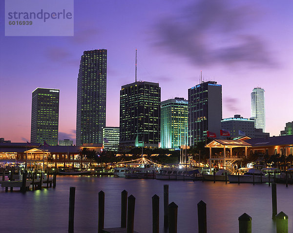 Marina und City-Skyline bei Dämmerung  Miami  Florida  Vereinigte Staaten von Amerika  Nordamerika