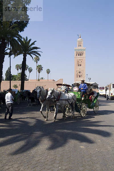 Pferd und Wagen in der Nähe von Jemaa el Fna mit Koutoubia in Hintergrund  Marrakesch  Marokko  Nordafrika  Afrika