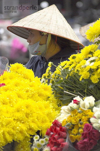 Frau tragen traditionelle Hut und Verkauf von frischen Schnitt Blumen  Dong Xuan Markt  Hanoi  Vietnam  Südostasien  Asien