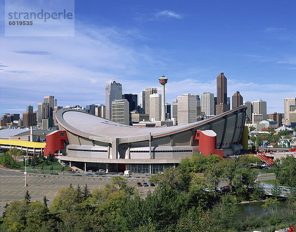 Die Olympic Saddledome und die Skyline  Calgary  Alberta  Kanada  Nordamerika