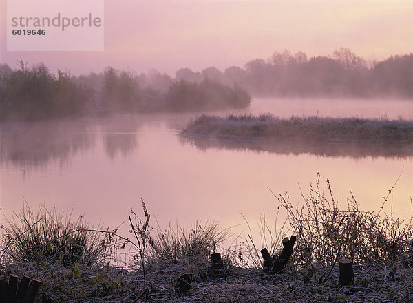 See an einem frostigen Herbst Morgen mit Nebel steigt aus Colebrook See Süd im Moor Green Lakes Nature Reserve  Finchamstead  Berkshire  England  Vereinigtes Königreich  Europa