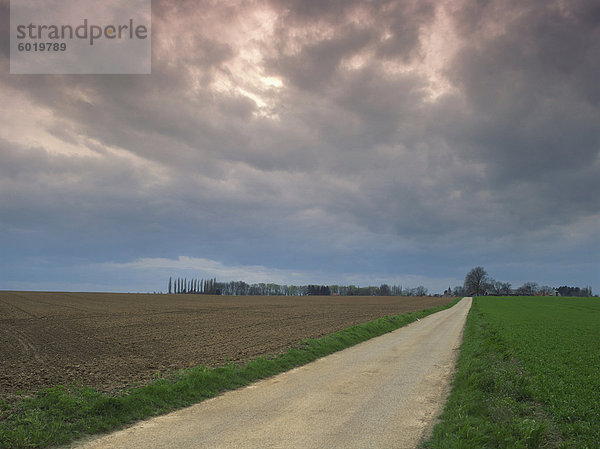 Bewölkten Himmel und ländliche Straße durch die Felder in der Agrarlandschaft in der Nähe von Entrepagny in der Normandie Vexin  Basse-Normandie (Normandie)  Frankreich  Europa