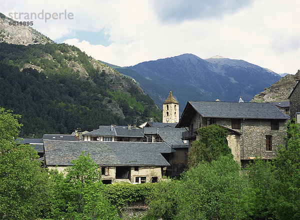 Dach hoch oben Anschnitt Europa Stein Schönheit Gebäude Produktion Dorf antik Andorra alt Schieferplatte