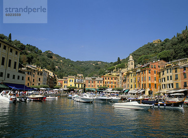 Pastellfarbenen Gebäude und Boote im Hafen  Portofino  Ligurien  Italien  Europa