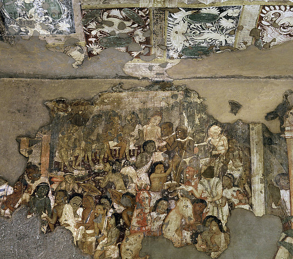 Detail der Wandgemälde im Inneren der Höhle No. 17  Ajanta  UNESCO Weltkulturerbe  Maharashtra  Indien  Asien