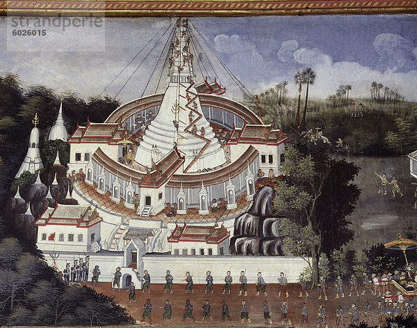 Detail des frühen 20. Jahrhunderts Wandgemälde in der Ordination Pavillon von König Chulalongkorn zeigen die große Stupa von Nakorn Pathom  am Wat Benjamabopitr  Bangkok Thailand  Südostasien  Asien