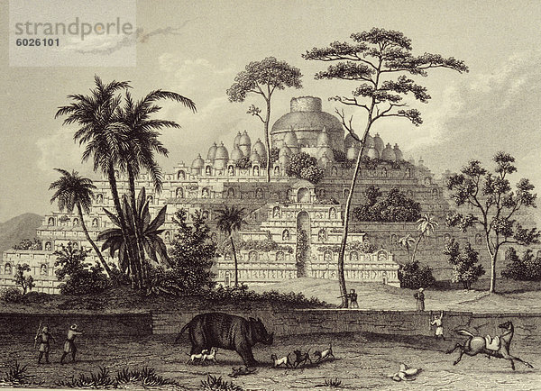 Eine Gravur des 19. Jahrhunderts die Ruinen von Borobudur  Java  Indonesien  Südostasien  Asien