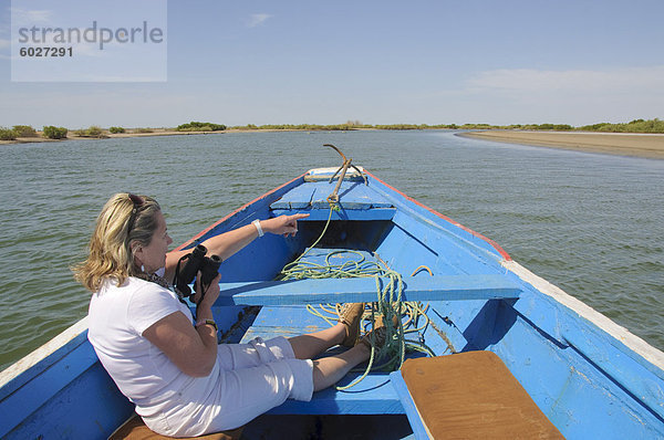 Tourist-Vogelbeobachtung vom Piroge oder Fischerboot auf den Backwaters Sine-Saloum Delta  Senegal  Westafrika  Afrika