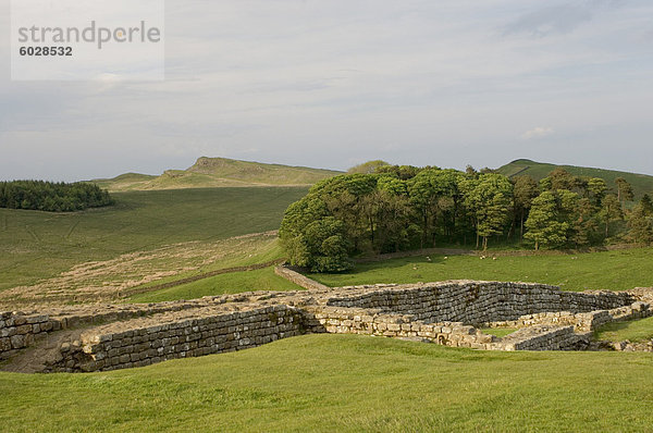 Roman Mauer bei lag Fort  Blick nach Osten zum Nähen Shields Crags  Hadrianswall  UNESCO Weltkulturerbe  Northumberland  England  Vereinigtes Königreich  Europa