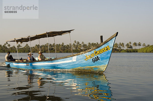 Touristische Boote am Altwasser in der Nähe von Mobor  Goa  Indien  Asien