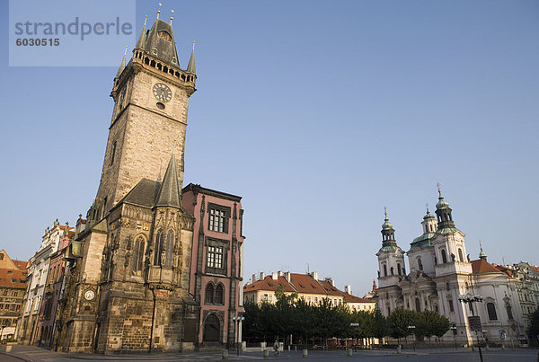 Rathaus Prag Hauptstadt Europa Uhr Tschechische Republik Tschechien Altstadt Morgendämmerung Stadthalle