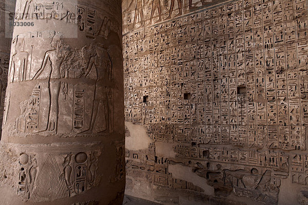 Bilder und Hieroglyphen schmücken die Wände von Medinet Habu Tempel-Komplex  Theben  UNESCO Weltkulturerbe  Ägypten  Nordafrika  Afrika