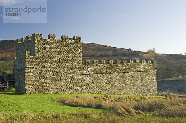 Teil Wiederaufbau der Mauer und Turm bei der römischen Siedlung und Festung in Vindolanda  UNESCO Weltkulturerbe  Northumbria  England  Vereinigtes Königreich  Europa
