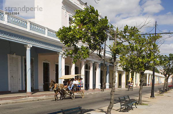 Ein Pferd und Wagen geht vorbei an Zeile der Spalten in der Paseo del Prado  der Hauptallee  Cienfuegos  Kuba  Westindische Inseln  Mittelamerika
