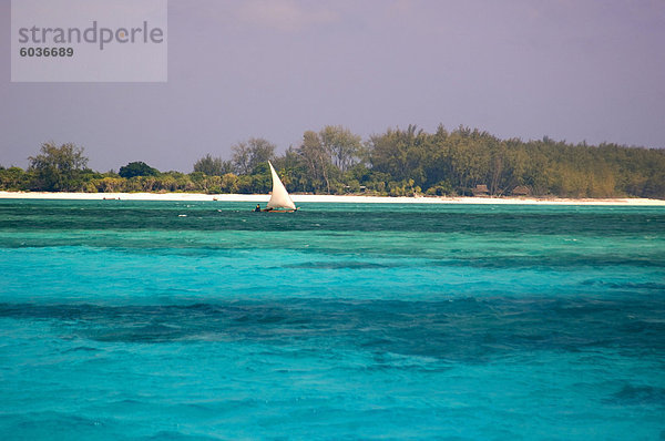 Eine Dhow Segeln im blauen Meer nahe Mnemba Island in der Nähe von Sansibar  Tansania  Ostafrika  Afrika