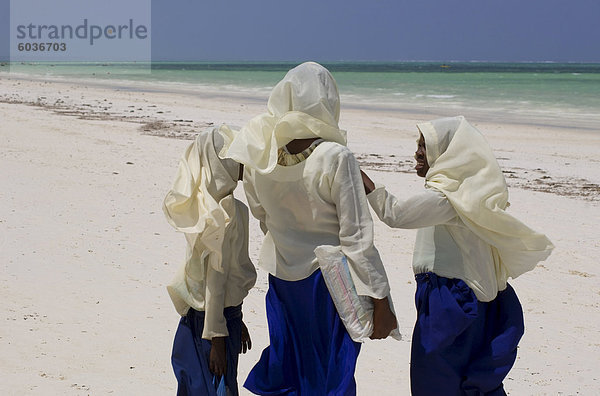 Schulmädchen entlang Kiwendwa Strand tragen weiße Kopftücher und Röcke  Sansibar  Tansania  Ostafrika  Afrika blau