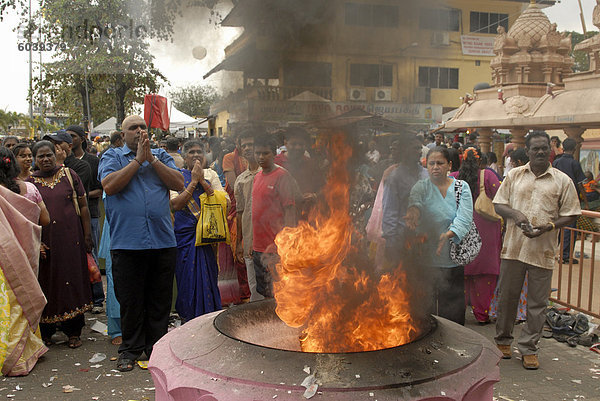 Pilger beten und Angebote in Heiliges Feuer werfen  während das hinduistische Thaipusam Festival bei Swami Sri Subramaniyar Tempel  Caves Batu  Selangor  Malaysia  Südostasien  Asien