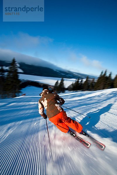 Skifahrer hinunter Hang  Rückansicht