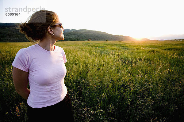 sehen  gehen  Sonnenuntergang  groß  großes  großer  große  großen  Sonnenbrille  Gras  Mädchen