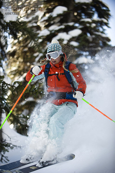 Frau  Berg  Skifahrer  fangen  Baum  Himmel  unbewohnte  entlegene Gegend  Selkirk Mountains  Kanada