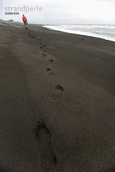 Mann  gehen  Strand  Küste  schwarz  Sand  Desorientiert  vorwärts  Kalifornien