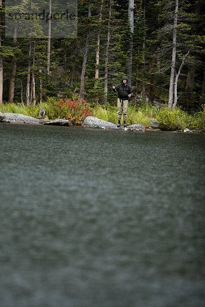 Senior  Senioren  Mann  Tag  fangen  See  Regen  Fisch  Pisces  unbewohnte  entlegene Gegend  Colorado