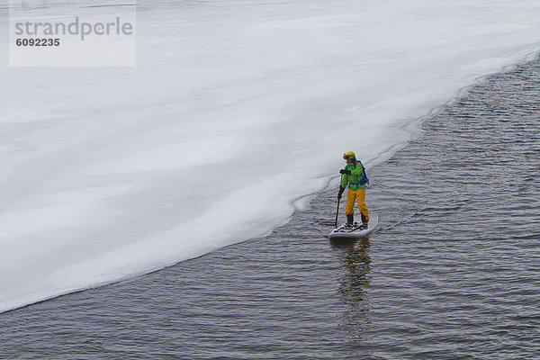 Norwegen  Narvik  Erwachsener Mann beim Paddeln im Polarmeer