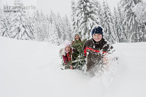 Österreich  Salzburger Land  Junge und Mädchen beim Weihnachtsbaumziehen im Schnee