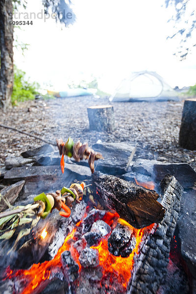 Reise über camping Feuer Koch jung Schaschlik Kebab Idaho