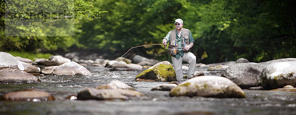 zwischen  inmitten  mitten  Felsbrocken  Fluss  groß  großes  großer  große  großen  Fischer