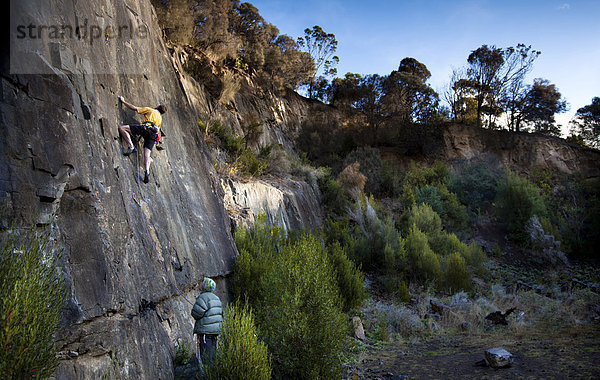 hoch  oben  Wand  gelb  führen  Hemd  Klettern  Bergwerk  Grube  Gruben  Australien  Tasmanien  Weg