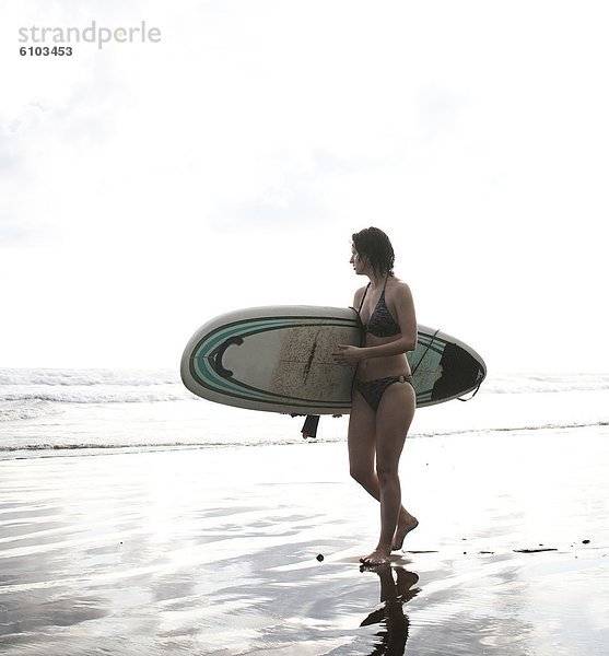 Frau  tragen  gehen  Strand  Surfboard