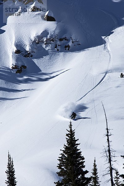 Berg  Snowboardfahrer  drehen  groß  großes  großer  große  großen  schnitzen  Gesichtspuder  Colorado
