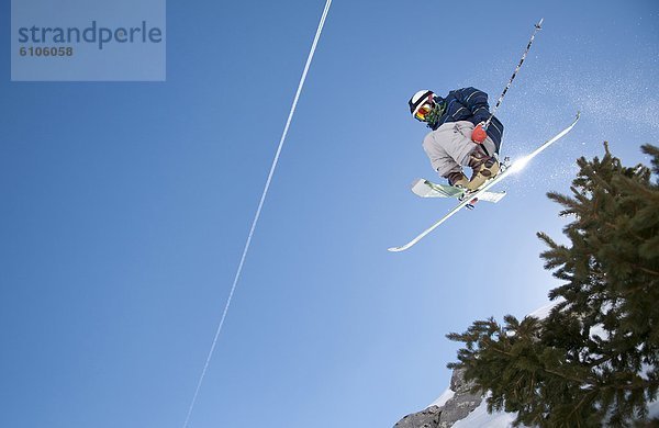 Skifahrer  Baum  über  Tal  extrem  Ski  Himmel  springen  New Mexico  Schnee  Taos