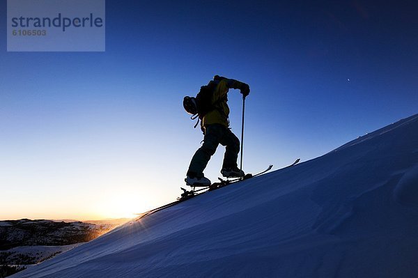 hoch  oben  nahe  bedecken  Skifahrer  Silhouette  Sonnenaufgang  See  Nevada  Kalifornien  Hang  Schnee