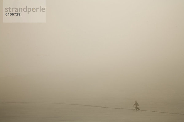 Spur  Skifahrer  Silhouette  Nebel  unbewohnte  entlegene Gegend  vorwärts