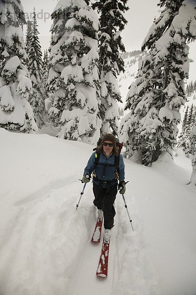 Spur  Berg  Skifahrer  Schnee  unbewohnte  entlegene Gegend  vorwärts