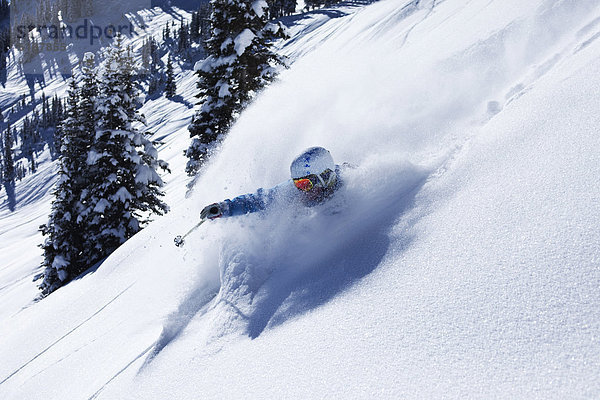 Skifahrer  Tag  Frische  drehen  Athlet  Gesichtspuder  unbewohnte  entlegene Gegend  Sonnenlicht  Colorado