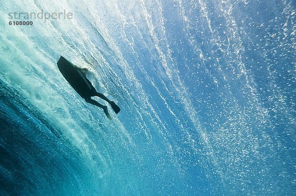 Unterwasseraufnahme  Ansicht  Wasseroberfläche  Bodyboard  Cook-Inseln  Ente  Rarotonga  auftauchen  Wasserwelle  Welle